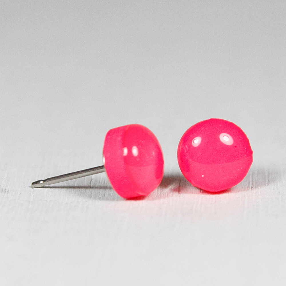 Neon Pink Stud Earrings Medium Studs Earrings Handmade Polymer Clay