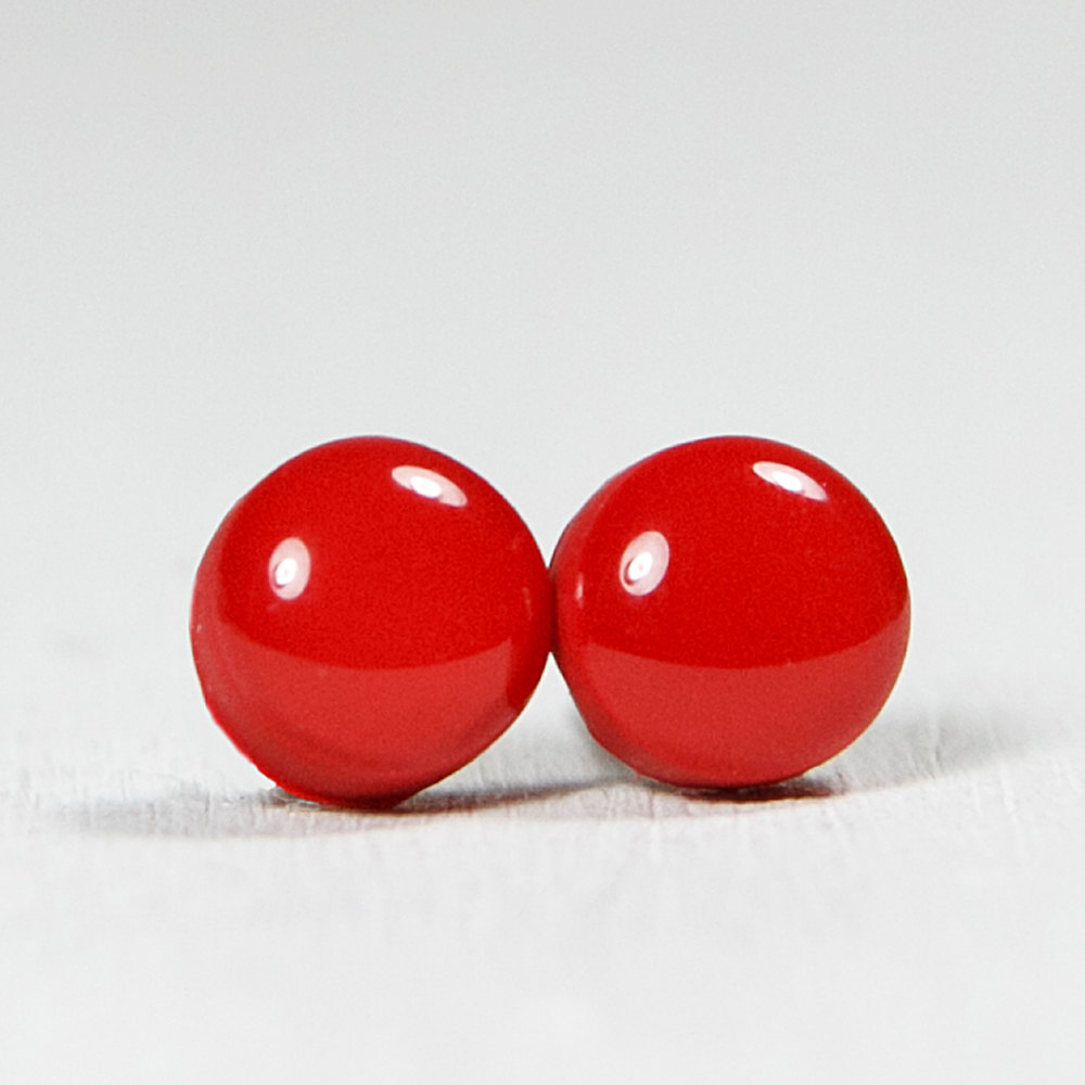 Ruby Red Stud Earrings - Round Studs Earrings - Handmade Polymer Clay Posts Jewelry