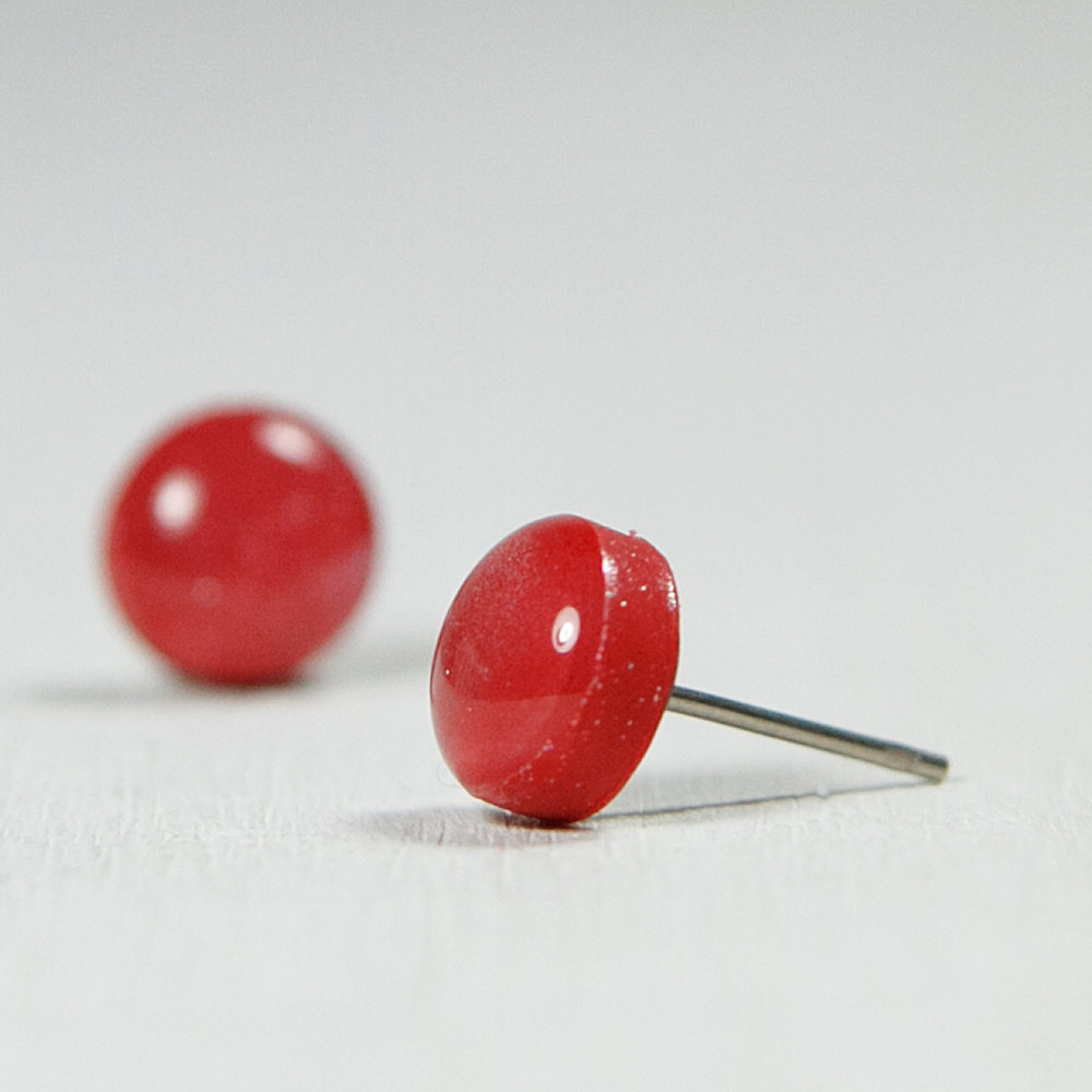 Ruby Red Shimmer Polymer Clay Studs Post Stud Earrings Posts